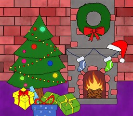 christmas fireplace scene drawing