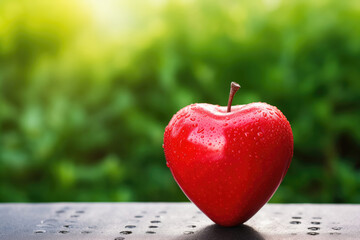 A glossy red apple with a heart shape on a vibrant green natural background color palette