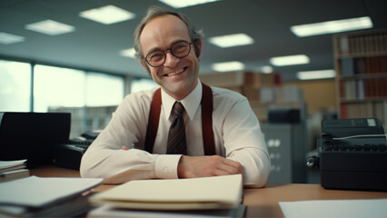 full frame cinematic shot from a 1970s, a 32-year-old financial services executive, we see him sitting behind his desk, he is looking at the camera, and smiling 