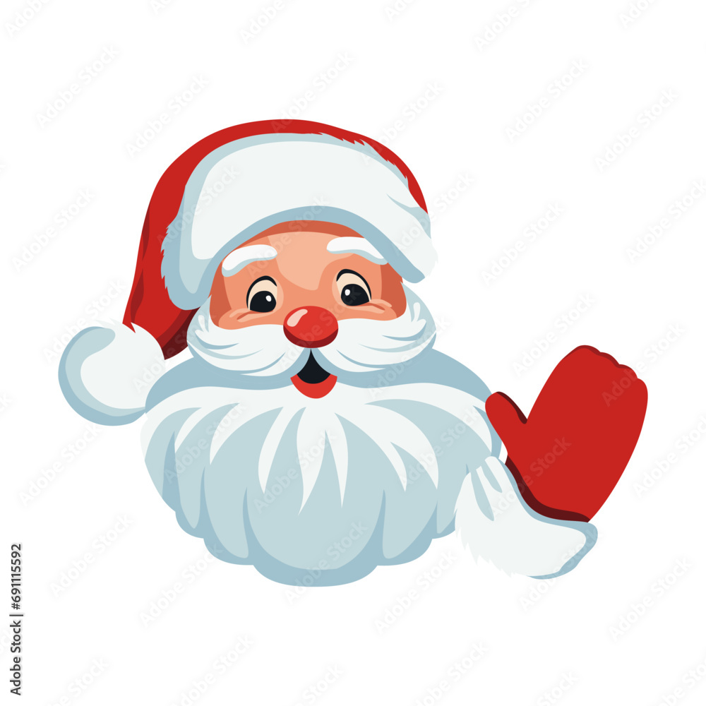 Wall mural Cheerful Santa Claus greets and waves his hand. Ho ho ho. Portrait of santa claus. Traditional character, symbol of Christmas and New Year. Cartoon style. Vector illustration.