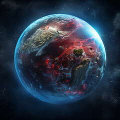 A view of a planet with blue and red landscape