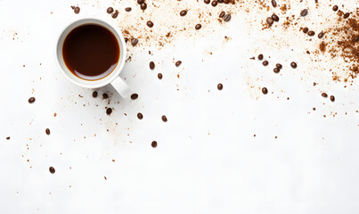 background of a cup of coffee and spillage seen from above. - obrazy, fototapety, plakaty