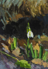 Snowdrops oil painting. Beautiful illustration of blooming flowers in the forest. The first spring flowers. Handmade with oil paints. Artwork, painting. Layout for postcards, posters, notebooks.