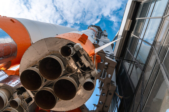 Russian space transport rocket. Real Soyuz spacecraft as monument in summer sunny day. Samara, Russia - 30 Sep 2023