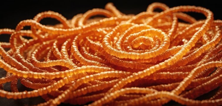  a close up of a bunch of orange spirals on top of a black surface with one spiral in the middle of the picture.
