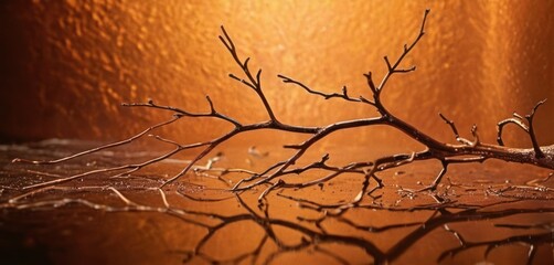  a close up of a branch on a table with a light shining in the backround of the picture.