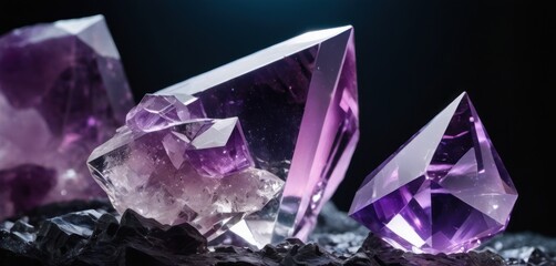  a group of purple crystals sitting on top of a pile of silver rocks on top of a pile of rocks. - obrazy, fototapety, plakaty