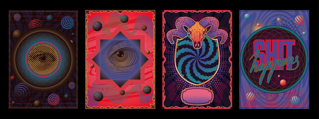 Psychedelic Style Abstract Posters Template Set, Ram Skull, Engraving Eye, Geometric Shapes, Psychedelic Colors  - obrazy, fototapety, plakaty