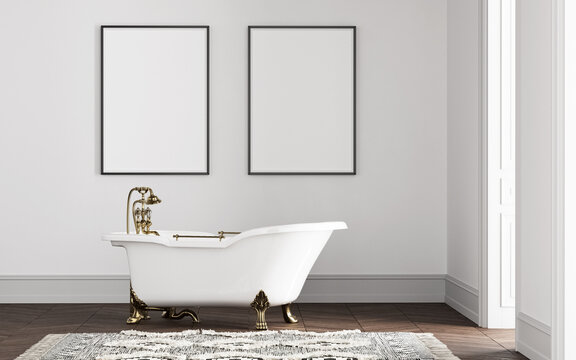 Two blank posters in minimalism style interior with classical white bathtub, 3d illustration