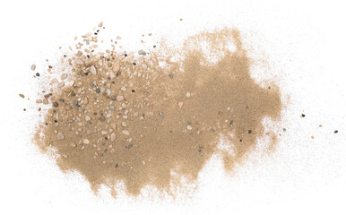 Sand pile scatter with small pebbles isolated on white background and texture, with clipping path,...