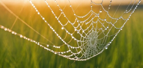  a close up of a spider web in a field of grass with dew drops on the web and the sun in the background.