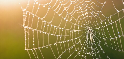  a close up of a spider web with drops of dew on the spider's web, with a green background.