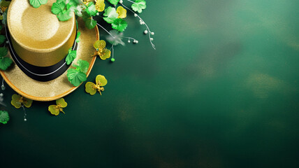 St. Patrick's Day concept with a classic green hat, golden coins, and green shamrocks spread on a dark background, perfect for a festive Irish celebration theme with copy space banner - obrazy, fototapety, plakaty