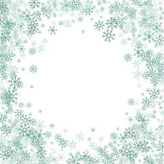 winter snow with blue snowflakes on a white background. Festive Christmas banner, New Year card. Symbols of frosty winter. Vector illustration.