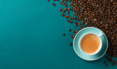 Coffee beans with a cup seen from above on a teal background