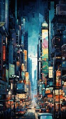 An artistic and colorful depiction of New York's bustling streets, showcasing vibrant life and energy of the city that never sleeps, with iconic taxis and skyscrapers. Generative AI - obrazy, fototapety, plakaty