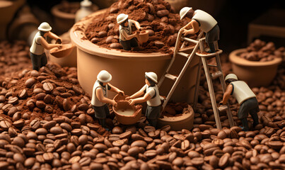 ceramic toys on a pile of coffee beans look like they are working
