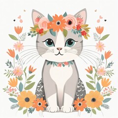 Floral Baby Cat Nursery Illustration. Generative Ai