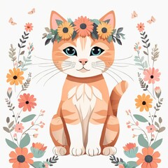 Floral Baby Cat Nursery Illustration. Generative Ai