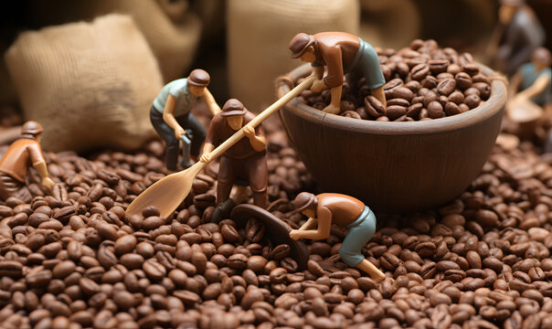 ceramic toys on a pile of coffee beans look like they are working
