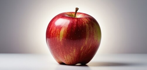  a red and yellow apple sitting on top of a white table next to a black and white photo of the inside of the apple.