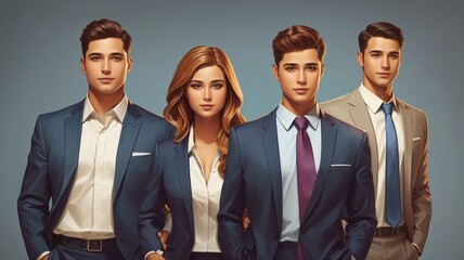 Business women and handsome businessman, group of office workers in flat cartoon style
