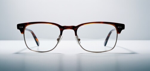  a pair of glasses sitting on top of a white table next to a pair of glasses with a pair of glasses on top of it.