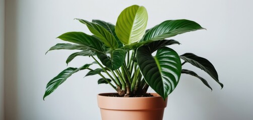  a close up of a plant in a pot with a white wall in the background and a white wall in the background.