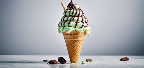  a large ice cream cone filled with green and white ice cream and topped with chocolate chunks and marshmallows. - obrazy, fototapety, plakaty