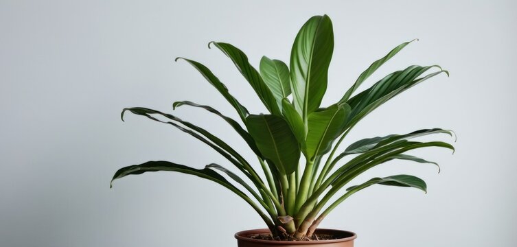  a close up of a plant in a pot on a table with a white wall in the background and a white wall in the background.