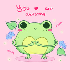 cute round frog is shy and redder on a pink background with an inscription. The background features glowing sparkles, blue flowers and leaves, and the words 