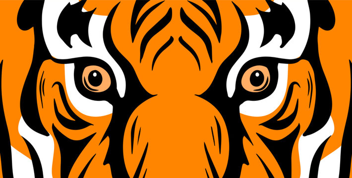 Tiger eyes. Background with face closeup. Predatory striped cat beast. Wildlife animal. Vector art illustration hand drawn