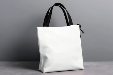 A single white canvas tote bag standing against a minimalist backdrop