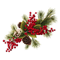Berries and holly with pine cone on branches vectors - obrazy, fototapety, plakaty