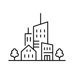 Naklejka premium City icon. Houses, skyscrapers, trees. Black contour linear silhouette. Editable strokes. Front view. Vector simple flat graphic illustration. Isolated object on a white background. Isolate.