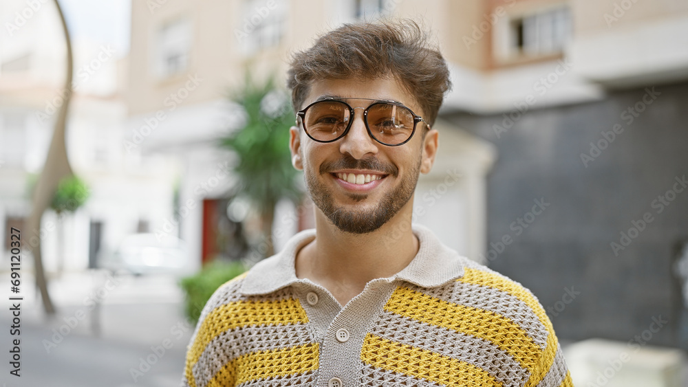 Wall mural confident young arab man, radiating joy and positivity, is standing outdoors on a city street, respl