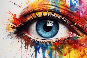 human eye close up with colorful paint , ink splashes and drips