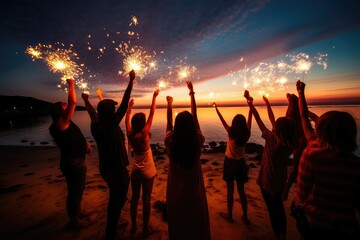 Group celebrating with sparklers on beach during a festive party