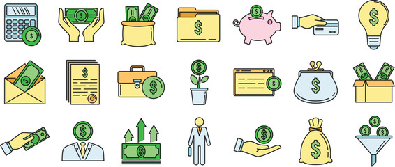 Investor finance icons set. Outline set of investor finance vector icons thin line color flat on white