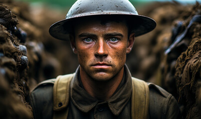 Fototapeta premium Solemn soldier in World War uniform standing in the trenches, intense gaze reflecting the gravity of military service and the historical impact of global conflict