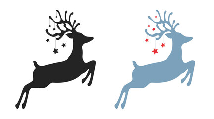 Jumping christmas deer with stars set isolated, jumping reindeer silhouette - stock vector