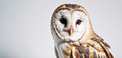 a close up of an owl's face and body with a white background and a gray sky in the background.