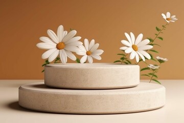 Stone podium, Cosmetic display stand with daisy blossom flowers on brown background. 3D rendering