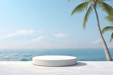 Fototapeta na wymiar Tropical marble pedestal product display, rocky palm tree sunny sky background, ocean poolside beach showcase, copy space