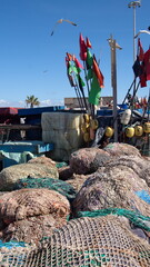 Fishing nets with floats at the harbor in Essaouira, Morocco