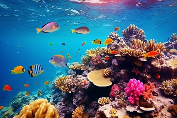 Naklejka na ściany i meble Tropical sea underwater fishes on coral reef. Aquarium oceanarium wildlife colorful marine panorama landscape