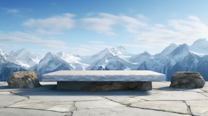 Stone tabletop on a podium with a blue mountain natural landscape as a background. Natural organic cosmetics or cosmetics stand for placing health products.