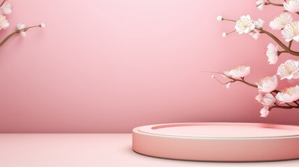 Fototapeta na wymiar Stone podium for presentation of cosmetic beauty. Stone pink podium with blossoming sakura branches on a pink background. Product, cosmetics stand, platform layout
