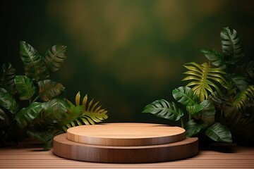 Wooden product display podium with nature leaves on brown background