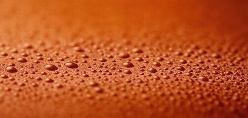  a close up of a brown surface with water drops on the surface and a black object in the middle of the picture.